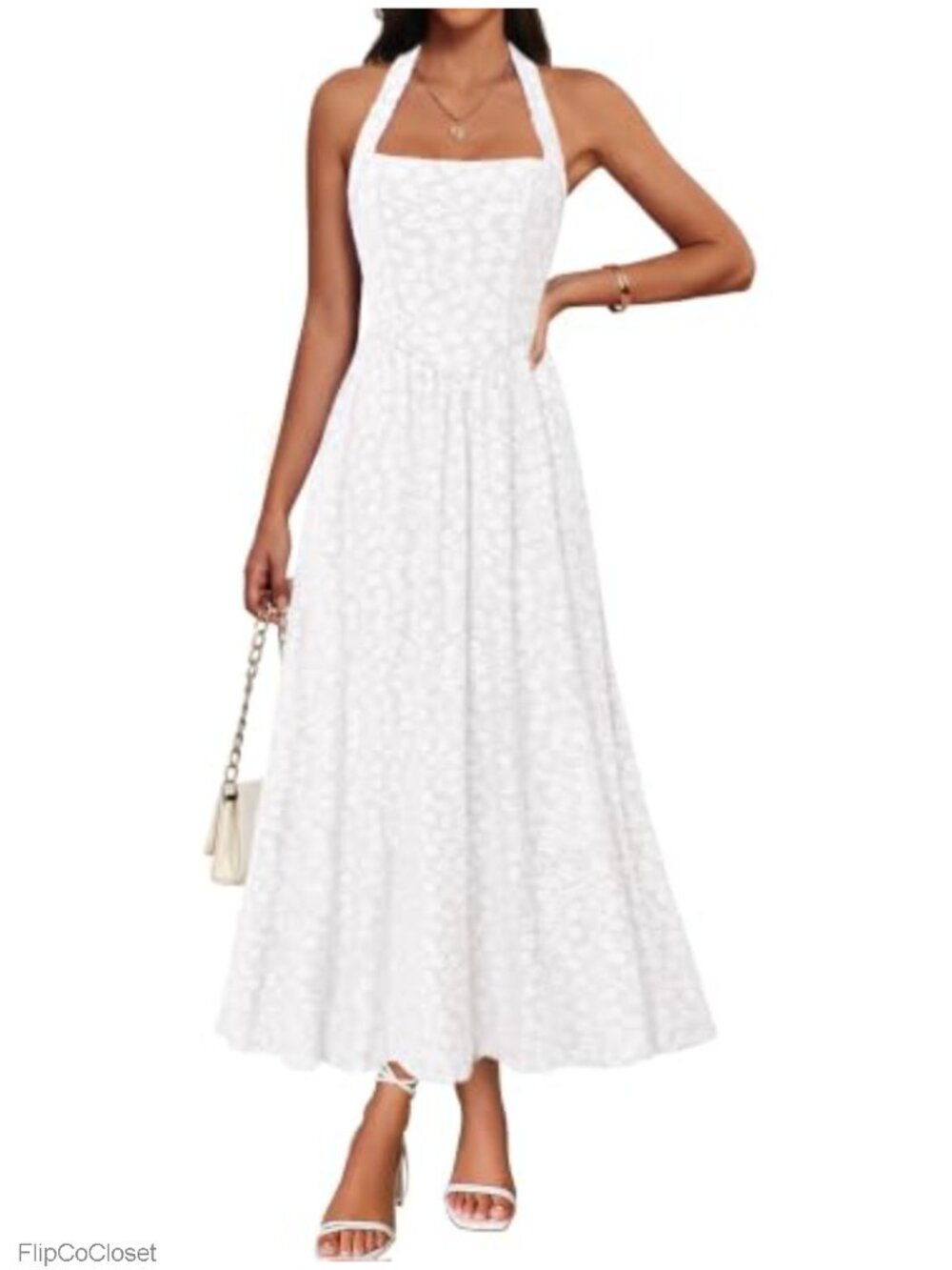 Backless Halter Midi Dress with Jacquard Floral, A-Line, Pockets, Sleeveless